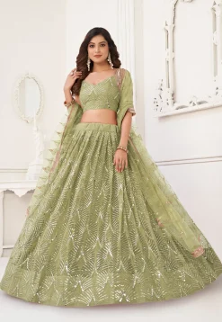 Embroidered Net Lehenga in Light Olive Green