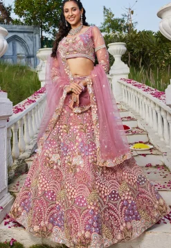 Embroidered Net Lehenga in Pink