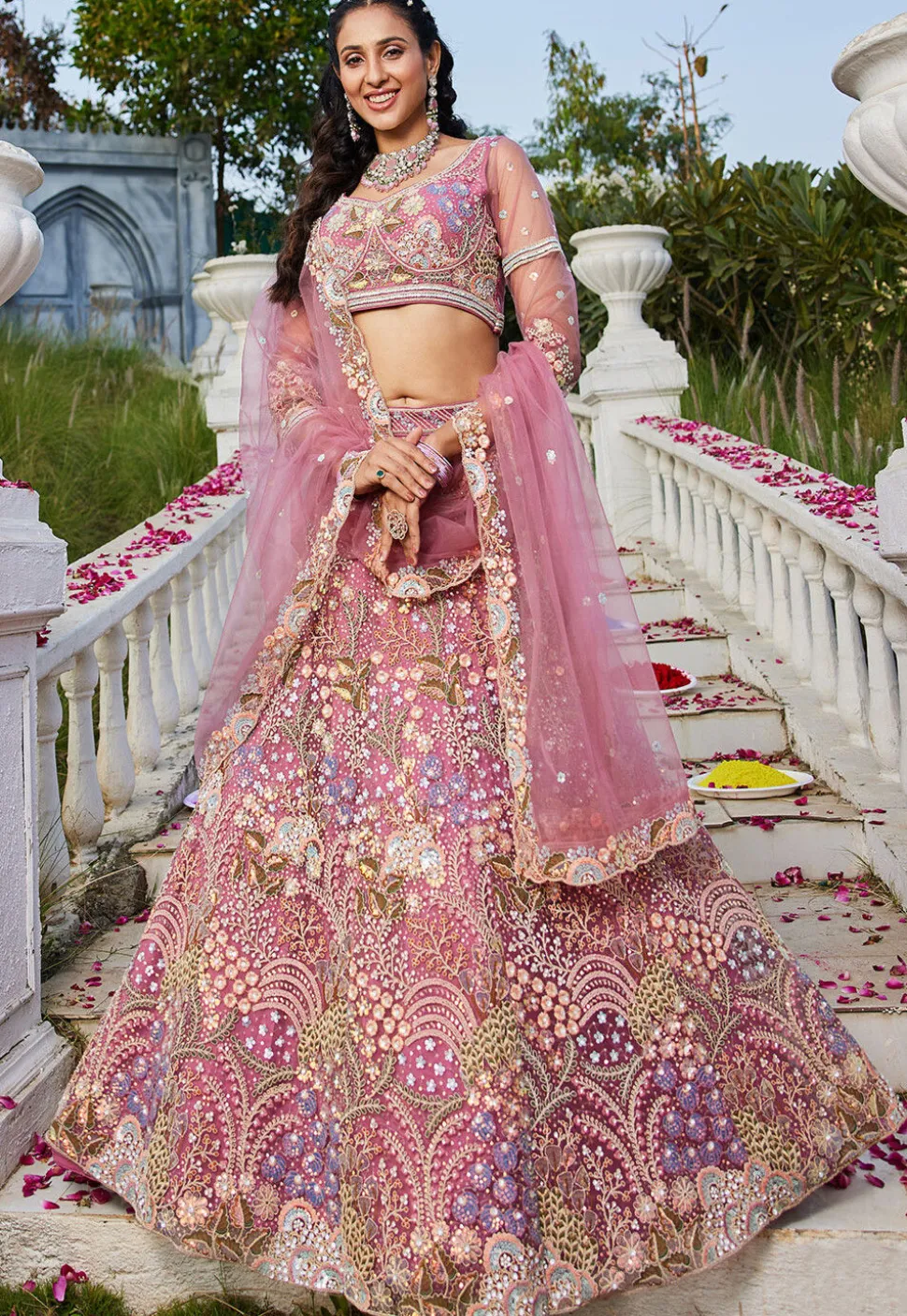 Embroidered Net Lehenga in Pink