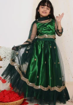 Embroidered Net Lehenga in Dark Green