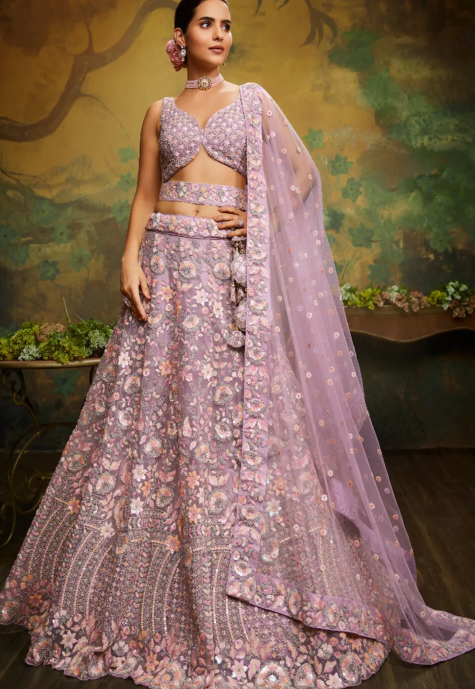 Embroidered Net Lehenga in Light Purple