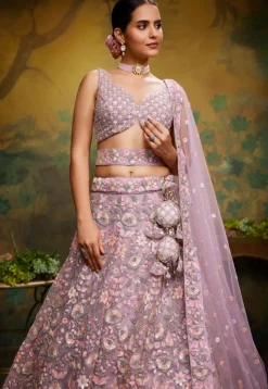 Embroidered Net Lehenga in Light Purple