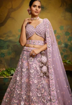 Embroidered Net Lehenga in Light Purple