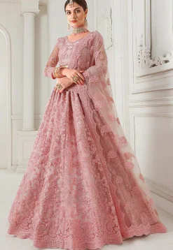 Embroidered Net Lehenga in Pink