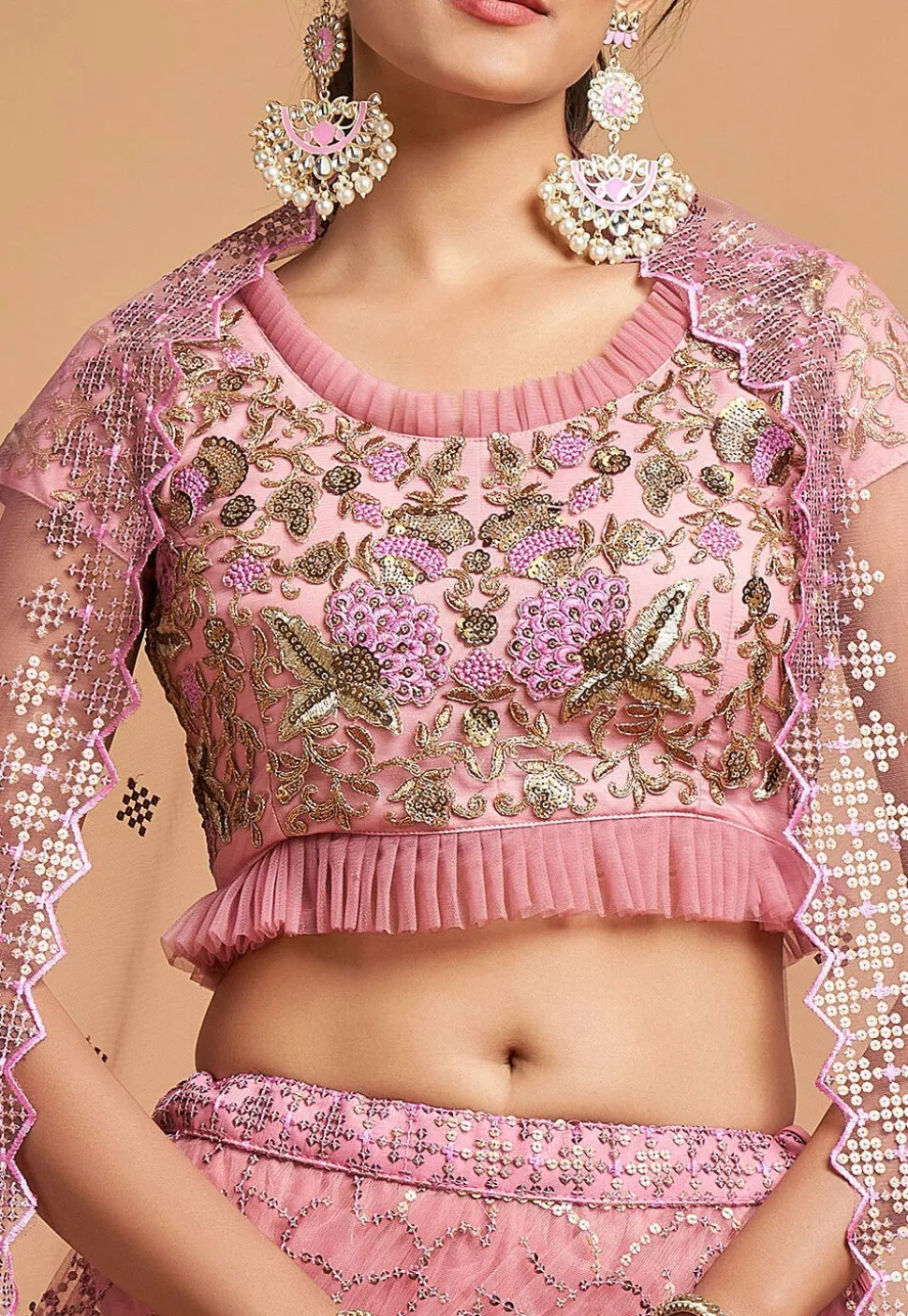 Embroidered Net Lehenga in Pink