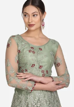 Embroidered Net Lehenga in Light Olive Green