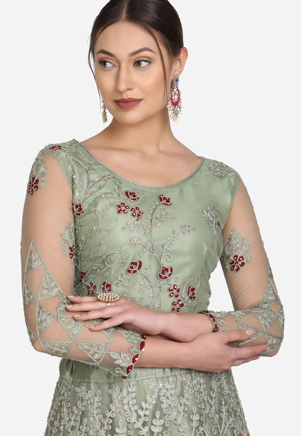 Embroidered Net Lehenga in Light Olive Green