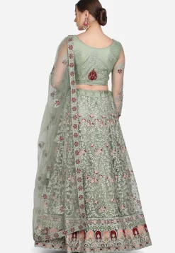 Embroidered Net Lehenga in Light Olive Green
