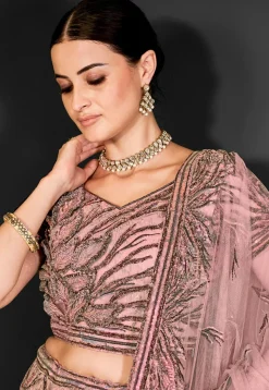 Embroidered Net Lehenga in Peach