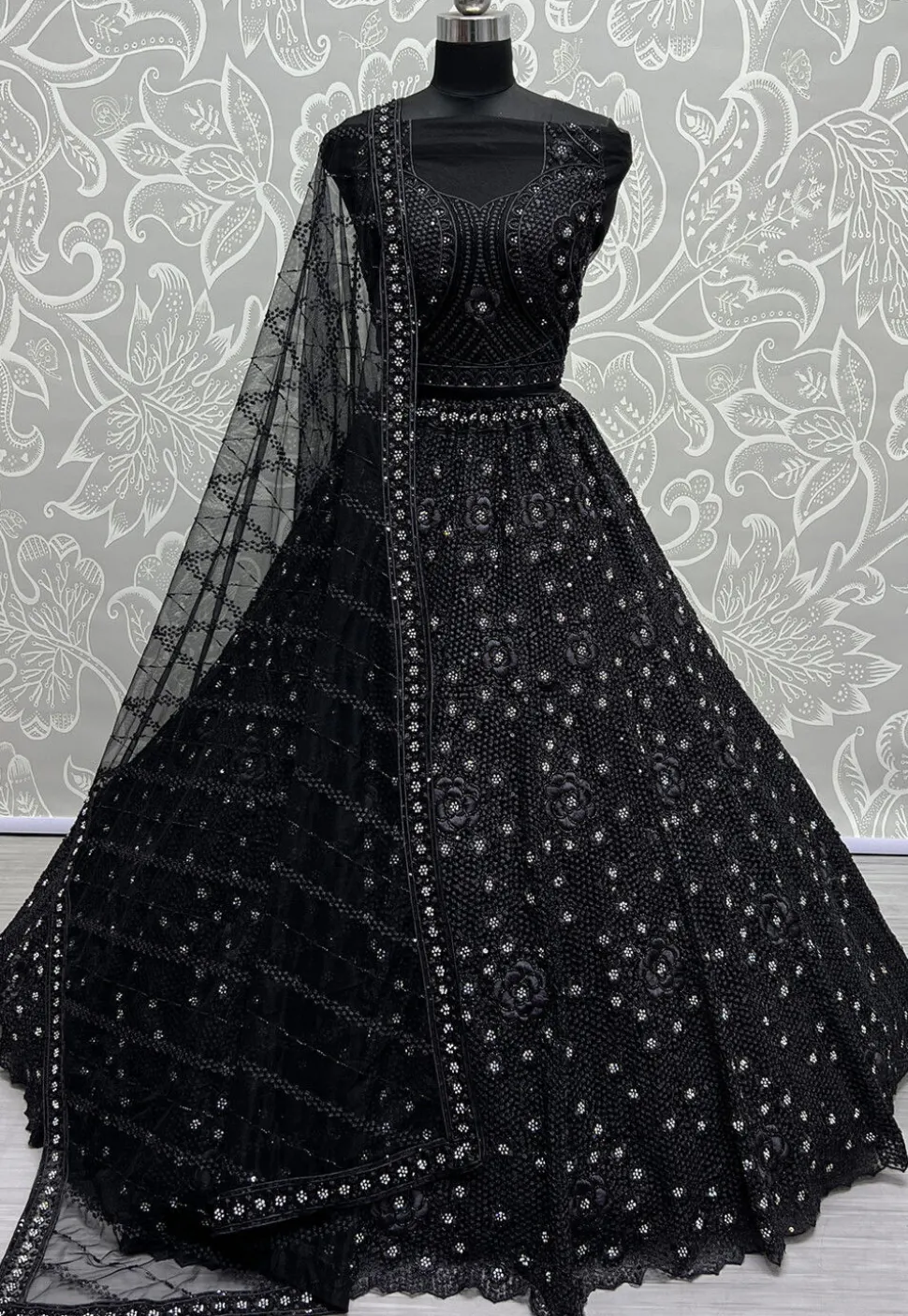 Embroidered Net Lehenga in Black