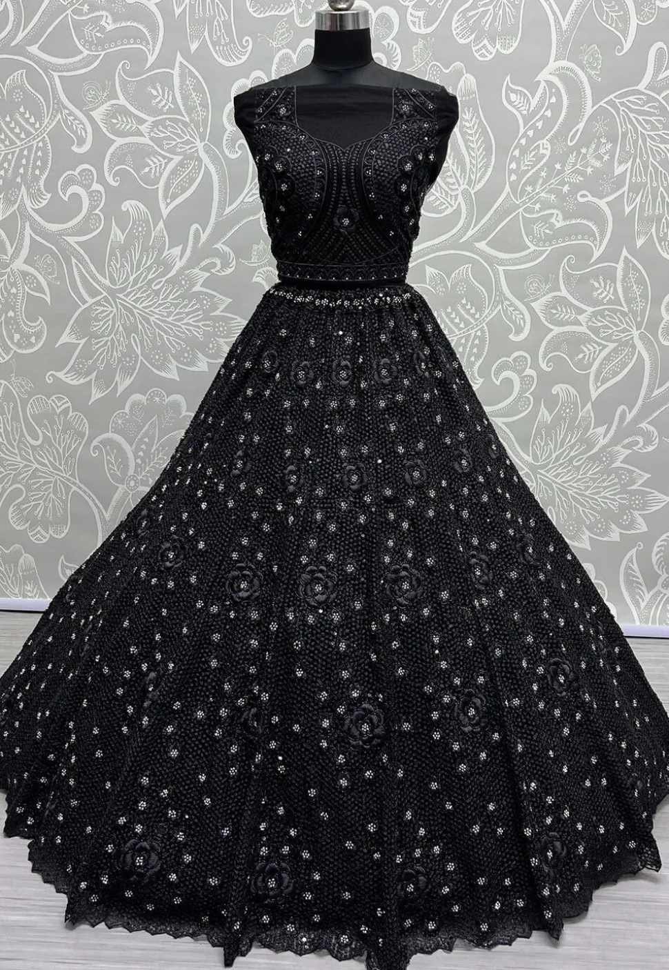 Embroidered Net Lehenga in Black