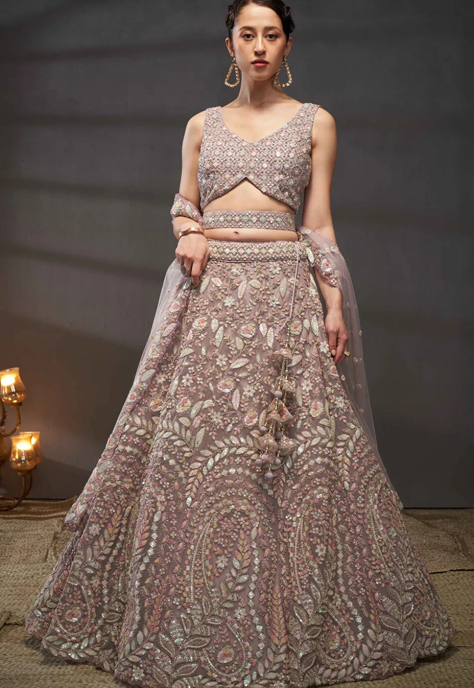 Embroidered Net Lehenga in Old Rose