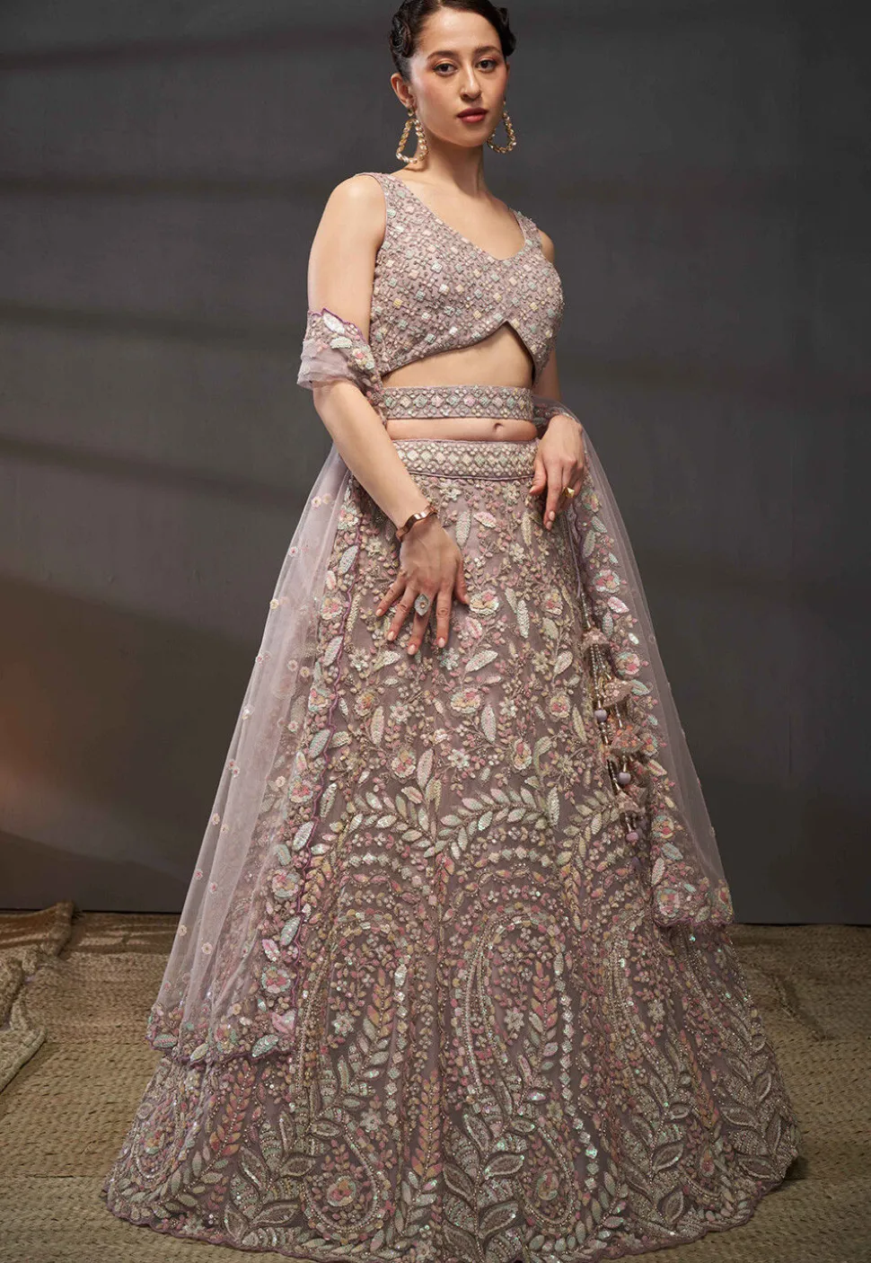 Embroidered Net Lehenga in Old Rose