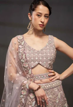 Embroidered Net Lehenga in Old Rose