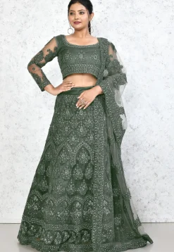 Embroidered Net Lehenga in Dark Green
