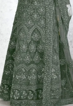 Embroidered Net Lehenga in Dark Green
