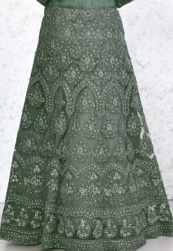 Embroidered Net Lehenga in Dark Green