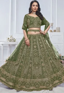 Embroidered Net Lehenga in Olive Green