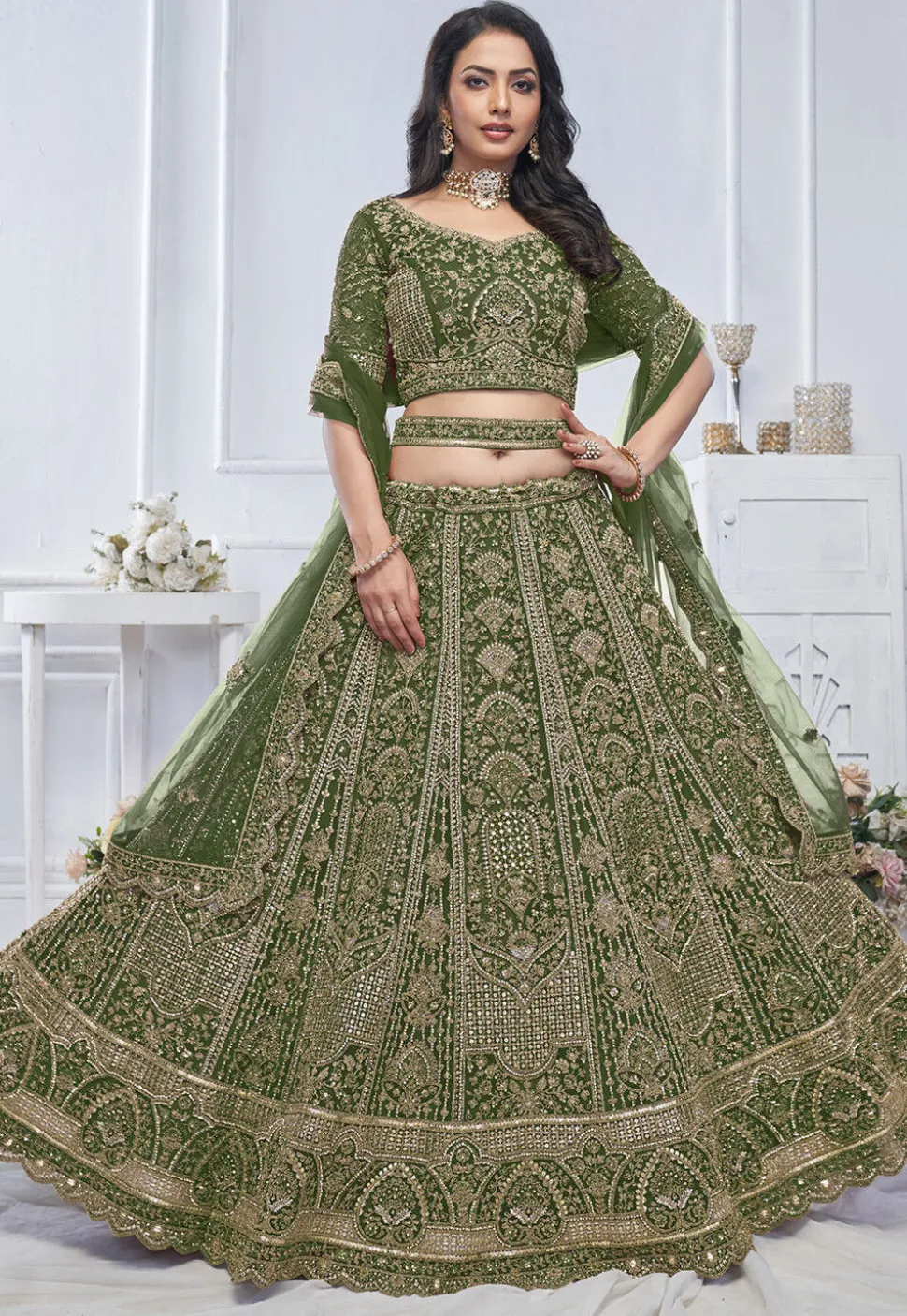 Embroidered Net Lehenga in Olive Green