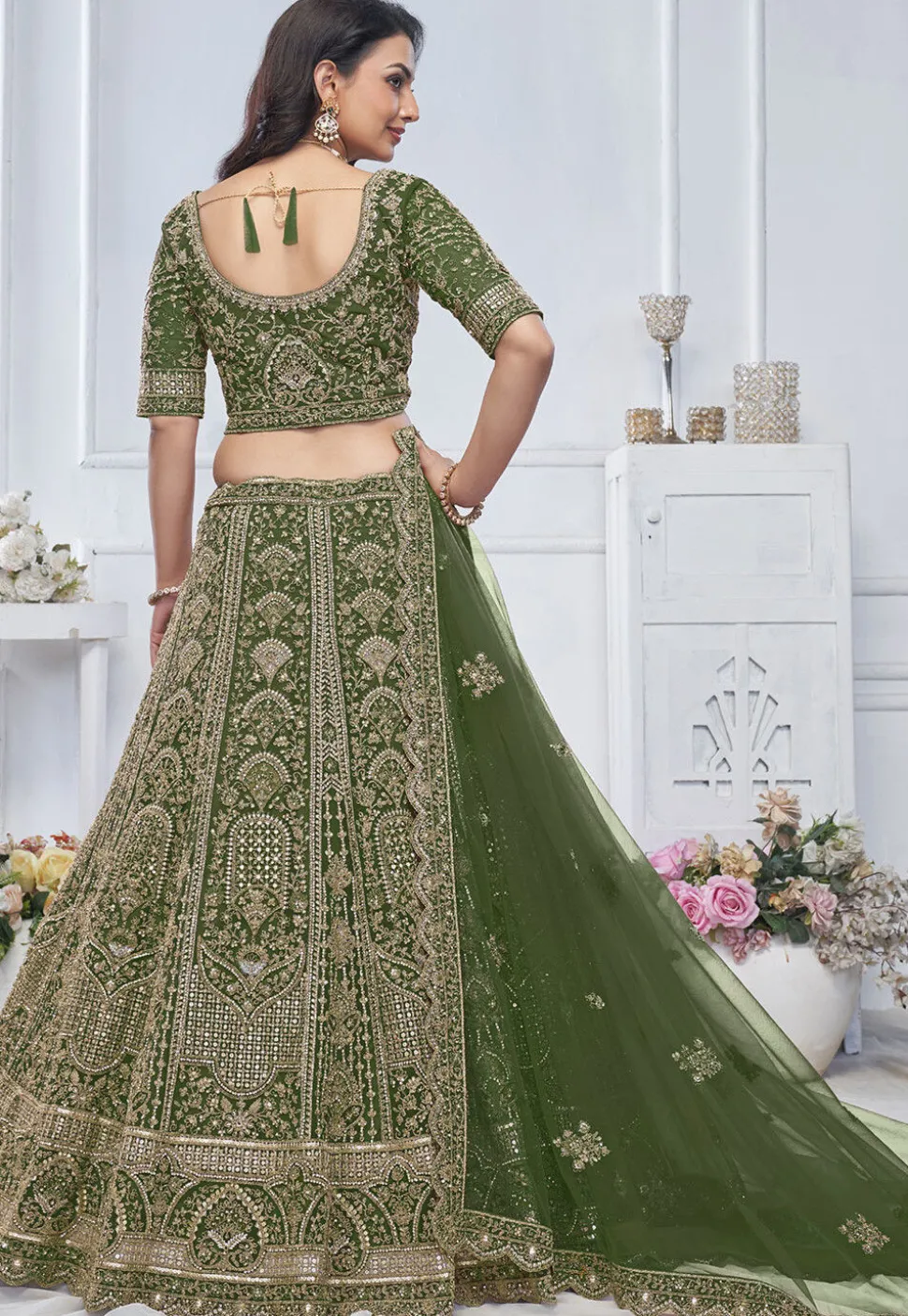 Embroidered Net Lehenga in Olive Green