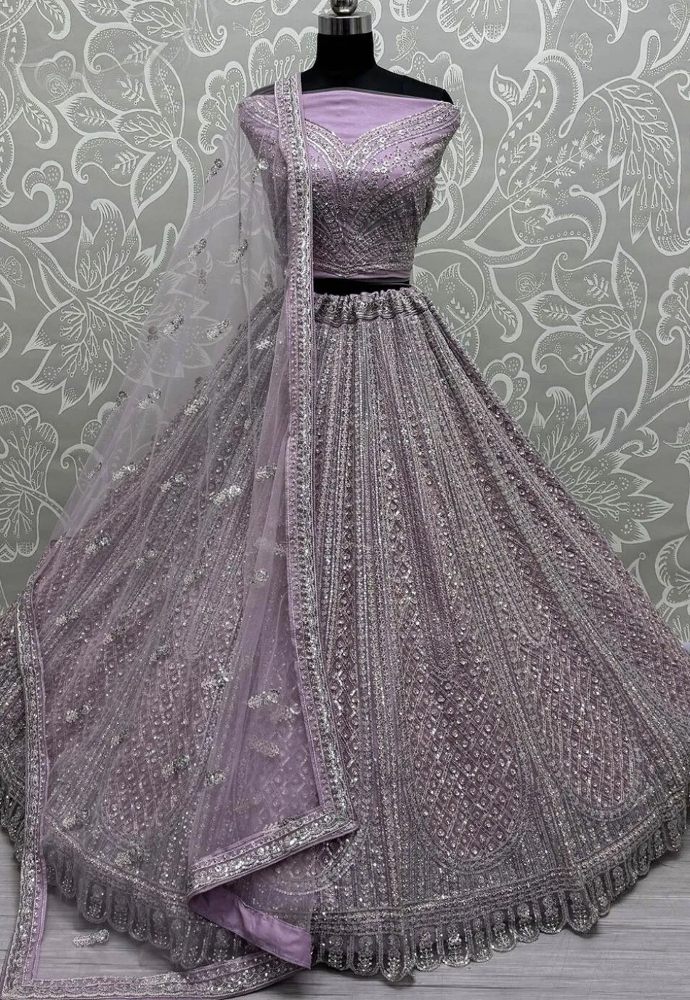 Embroidered Net Lehenga in Purple