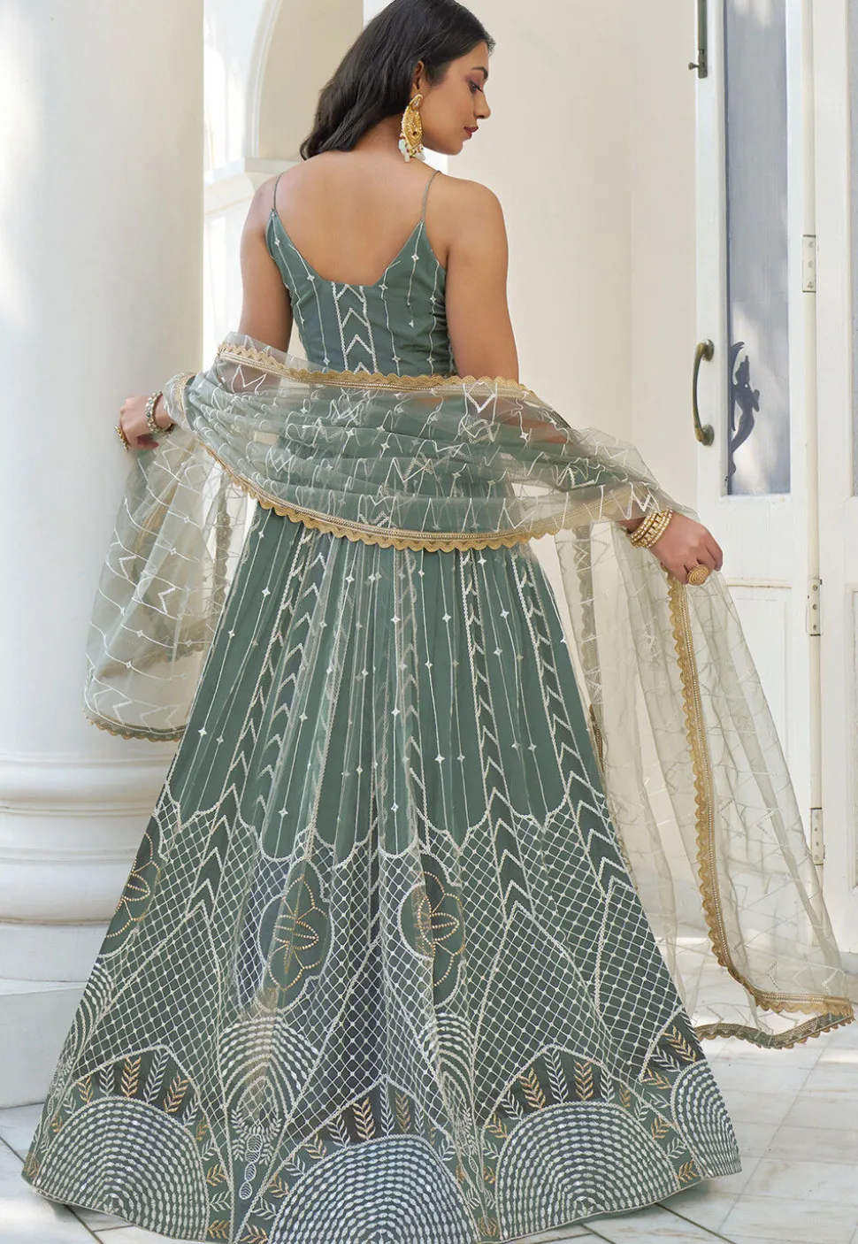 Embroidered Net Lehenga in Dusty Green