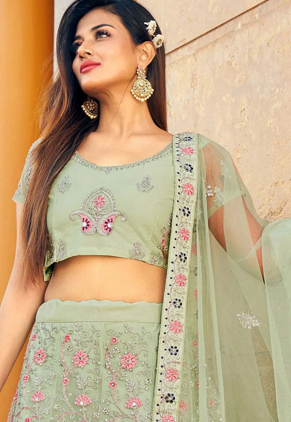 Embroidered Net Lehenga in Light Olive Green