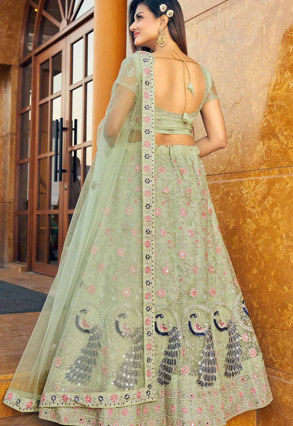 Embroidered Net Lehenga in Light Olive Green