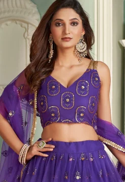 Embroidered Net Lehenga in Purple