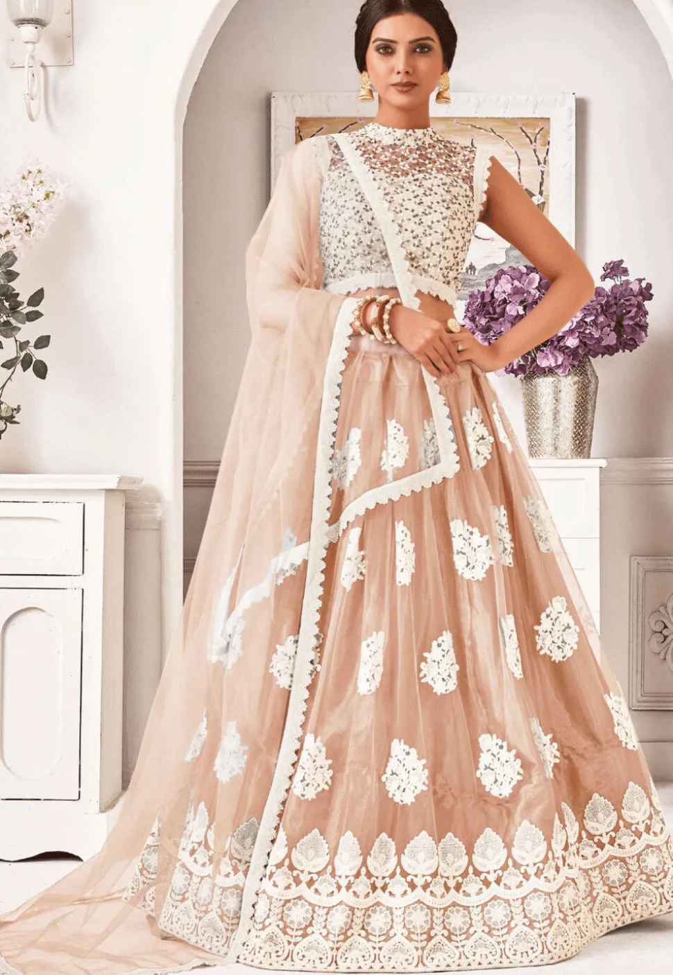 Embroidered Net Lehenga in Peach