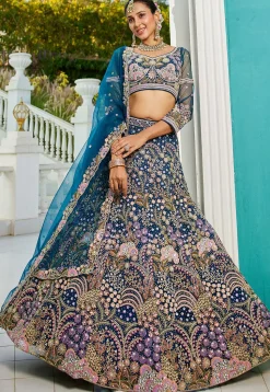 Embroidered Net Lehenga in Teal Blue