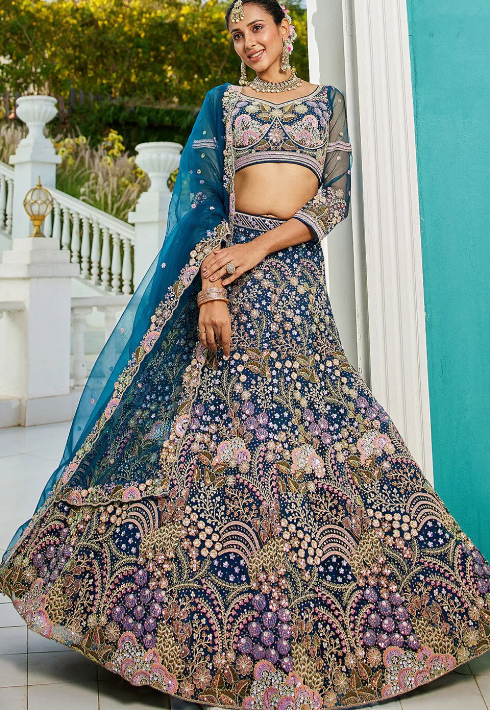 Embroidered Net Lehenga in Teal Blue