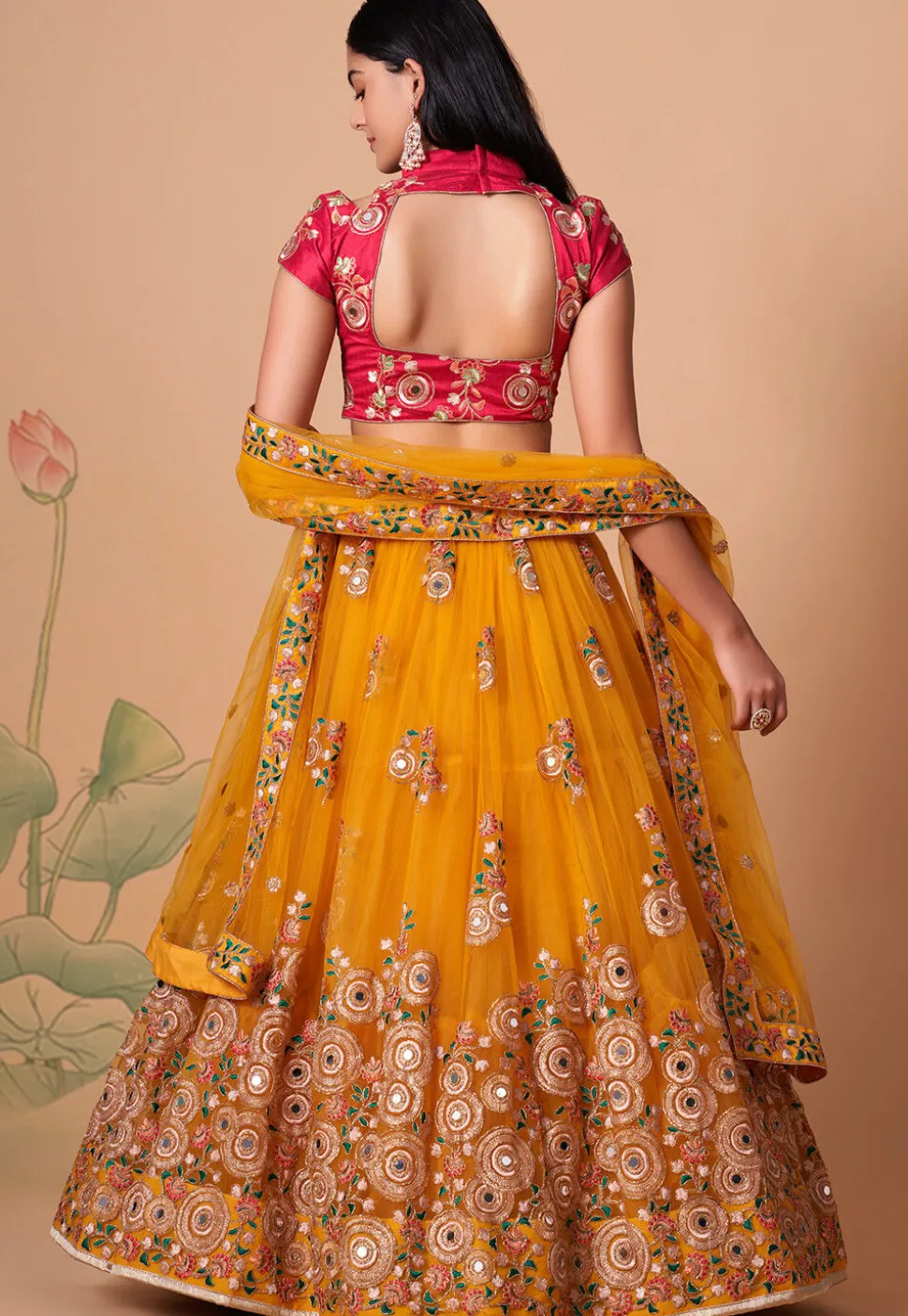 Embroidered Net Lehenga in Mustard