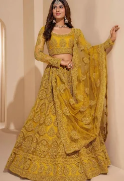 Embroidered Net Lehenga in Mustard