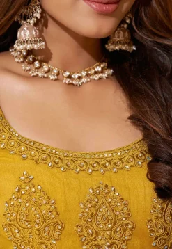 Embroidered Net Lehenga in Mustard