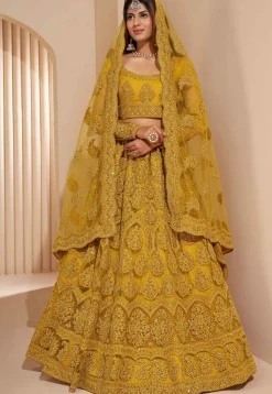Embroidered Net Lehenga in Mustard