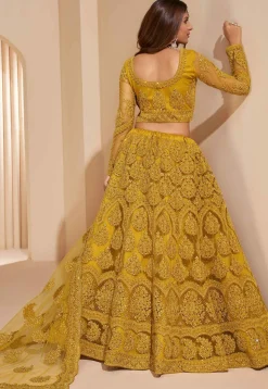 Embroidered Net Lehenga in Mustard