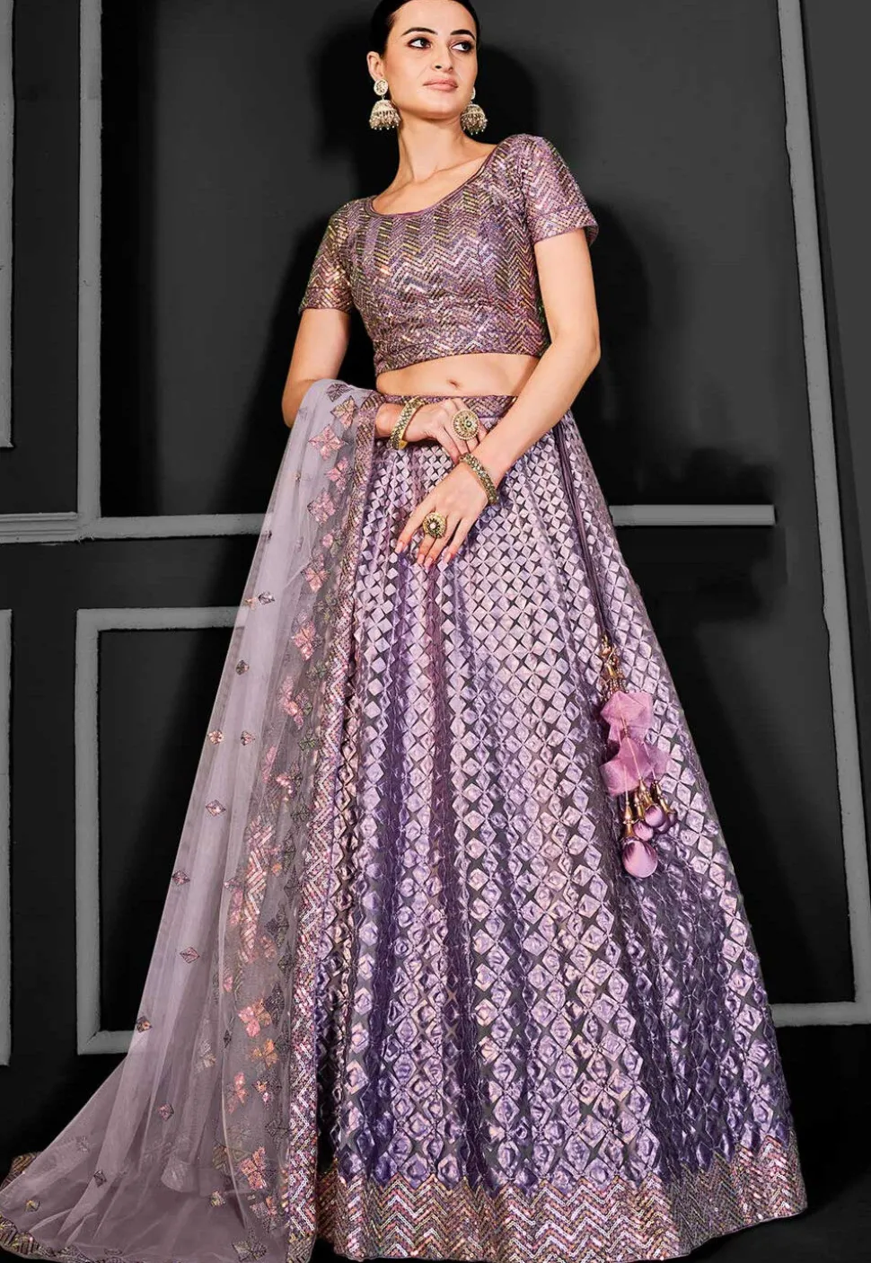 Embroidered Net Lehenga in Light Purple