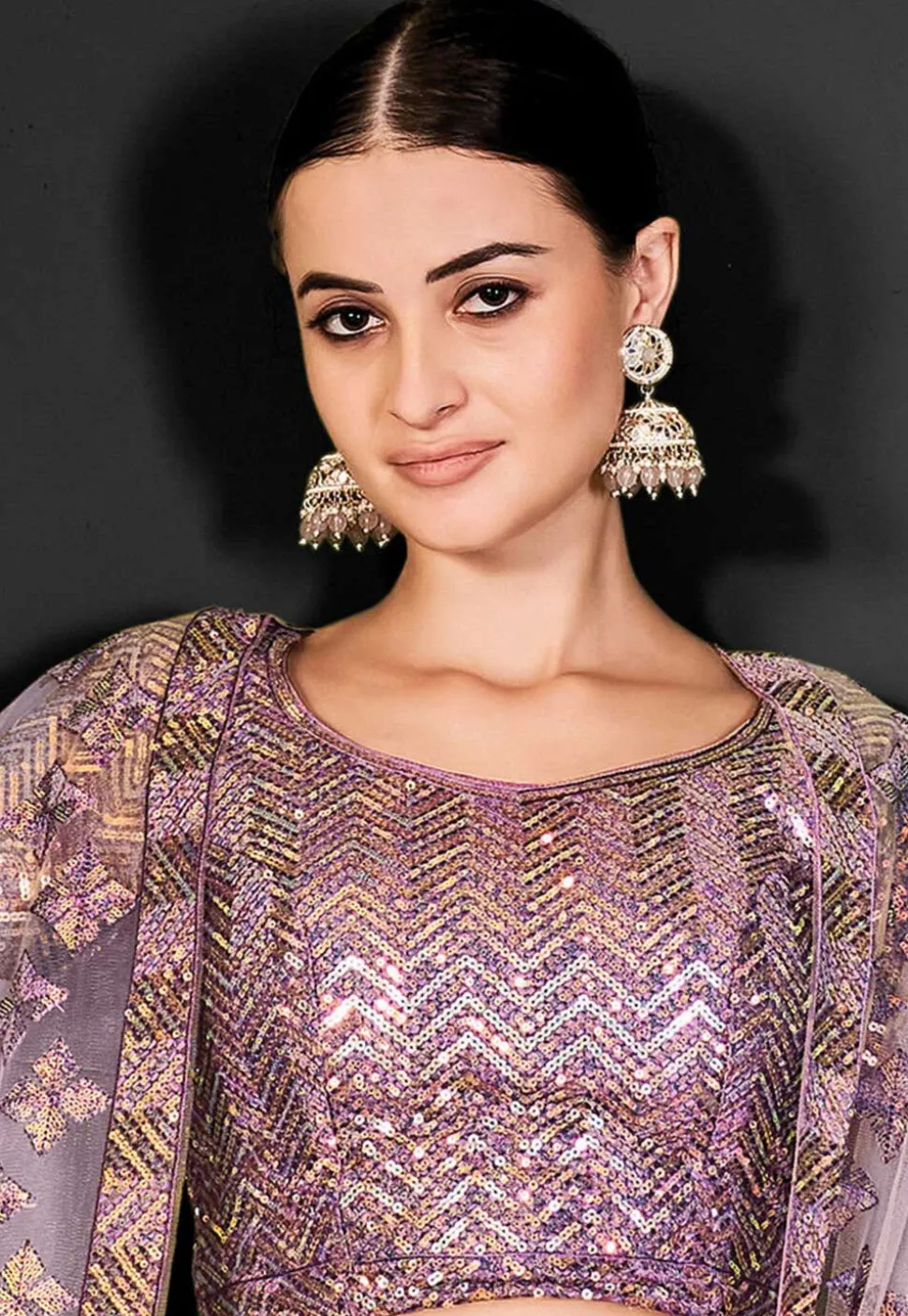 Embroidered Net Lehenga in Light Purple
