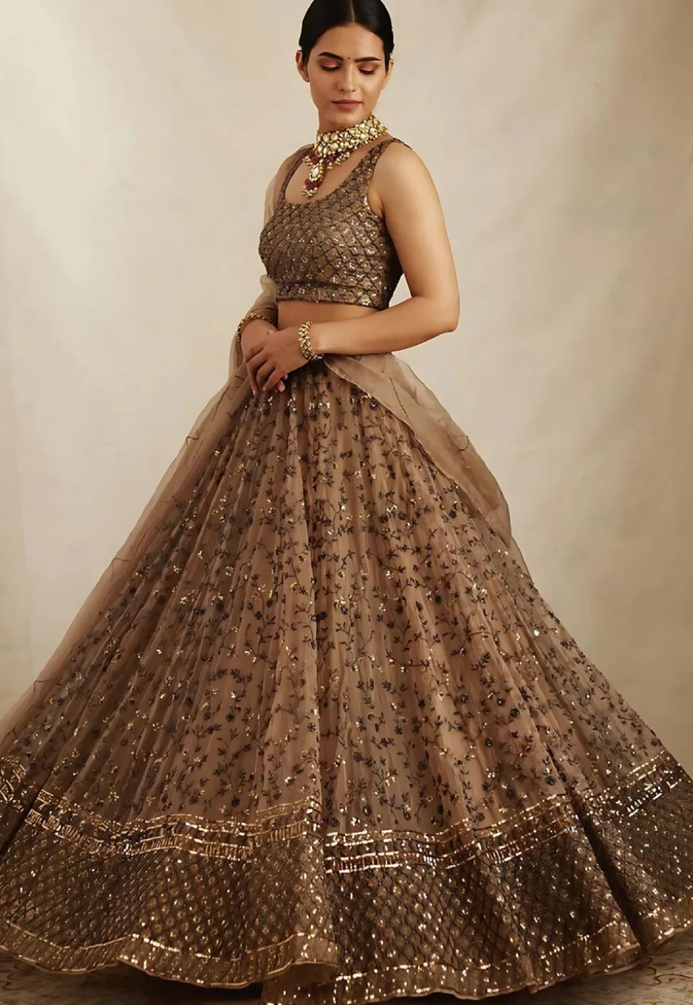 Embroidered Net Lehenga in Brown
