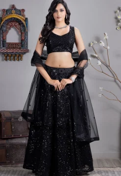 Embroidered Net Lehenga in Black