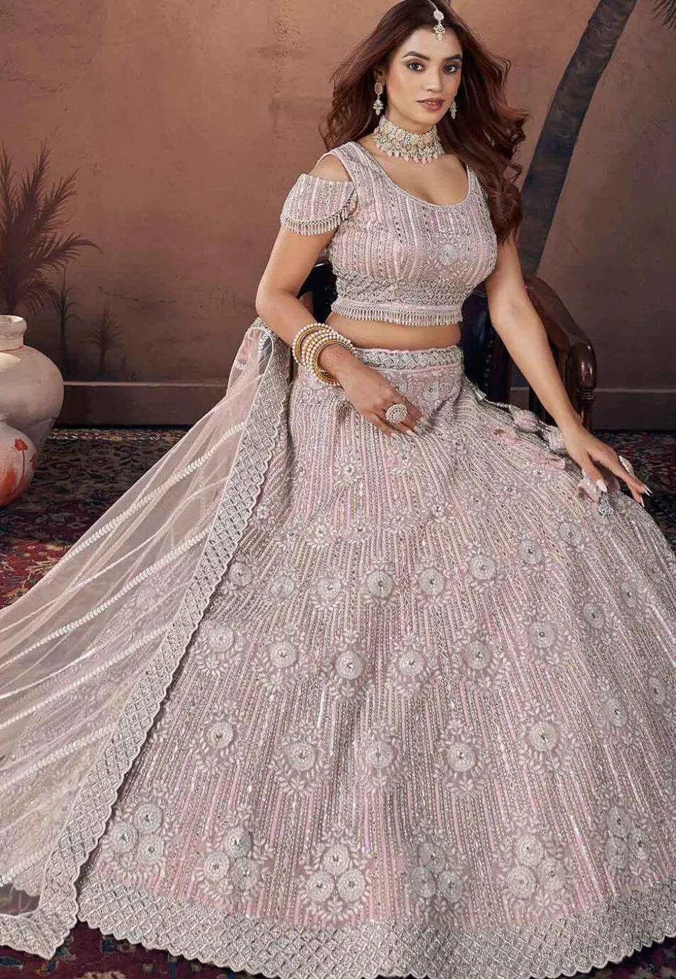 Embroidered Net Lehenga in Pink
