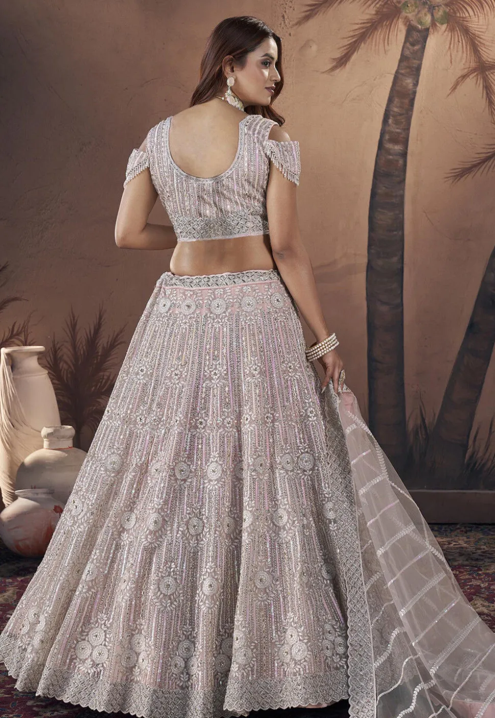 Embroidered Net Lehenga in Pink