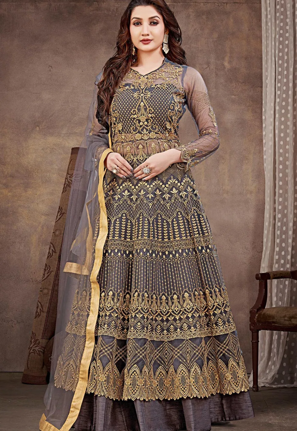 Embroidered Net Lehenga in Dark Grey
