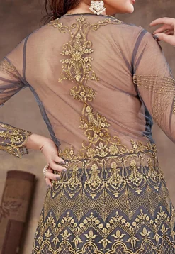 Embroidered Net Lehenga in Dark Grey