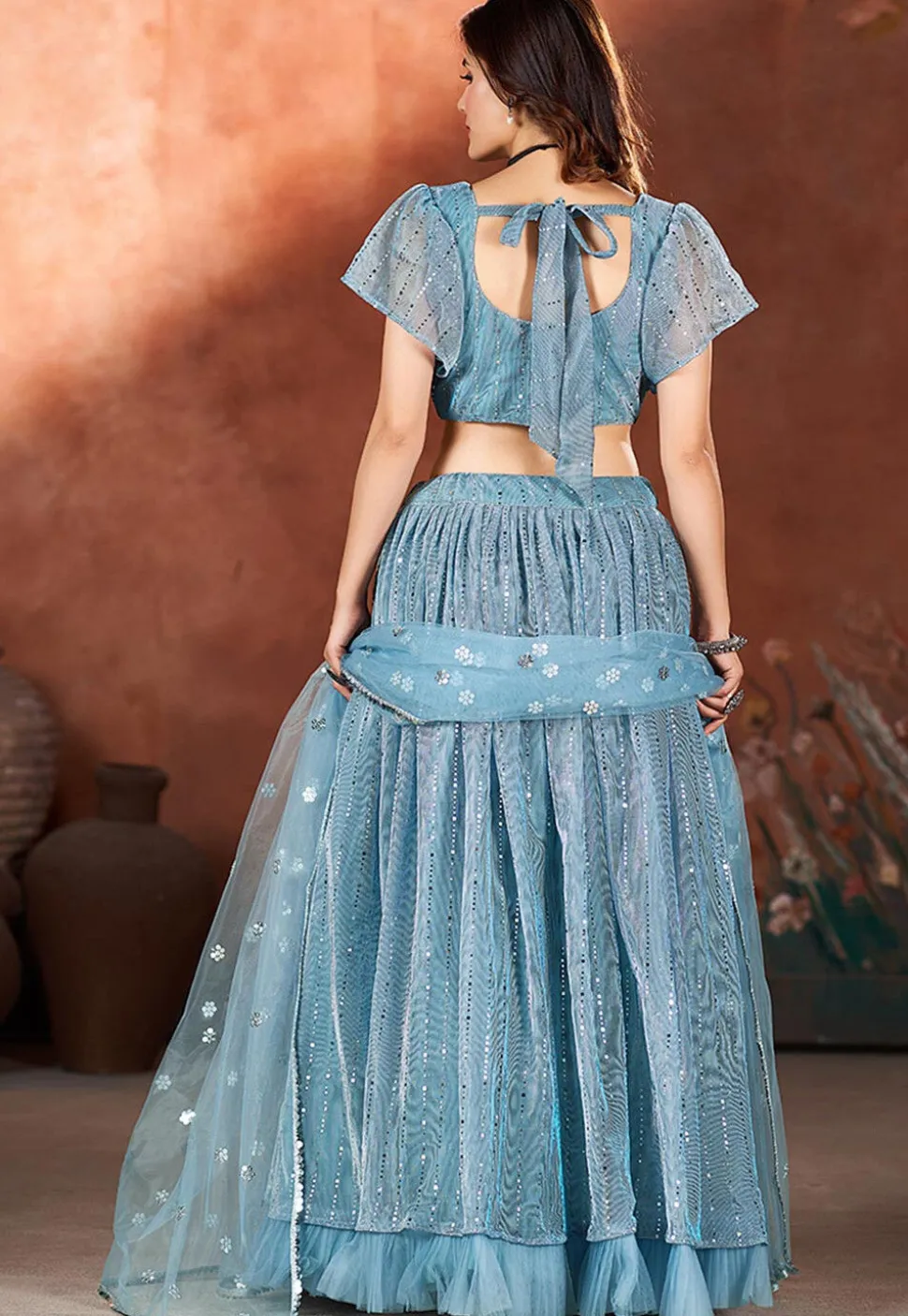Embroidered Net Lehenga in Blue