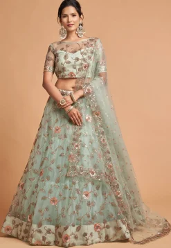 Embroidered Net Lehenga in Sea Green