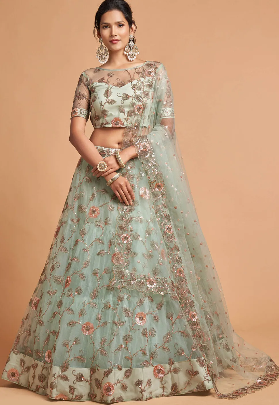 Embroidered Net Lehenga in Sea Green
