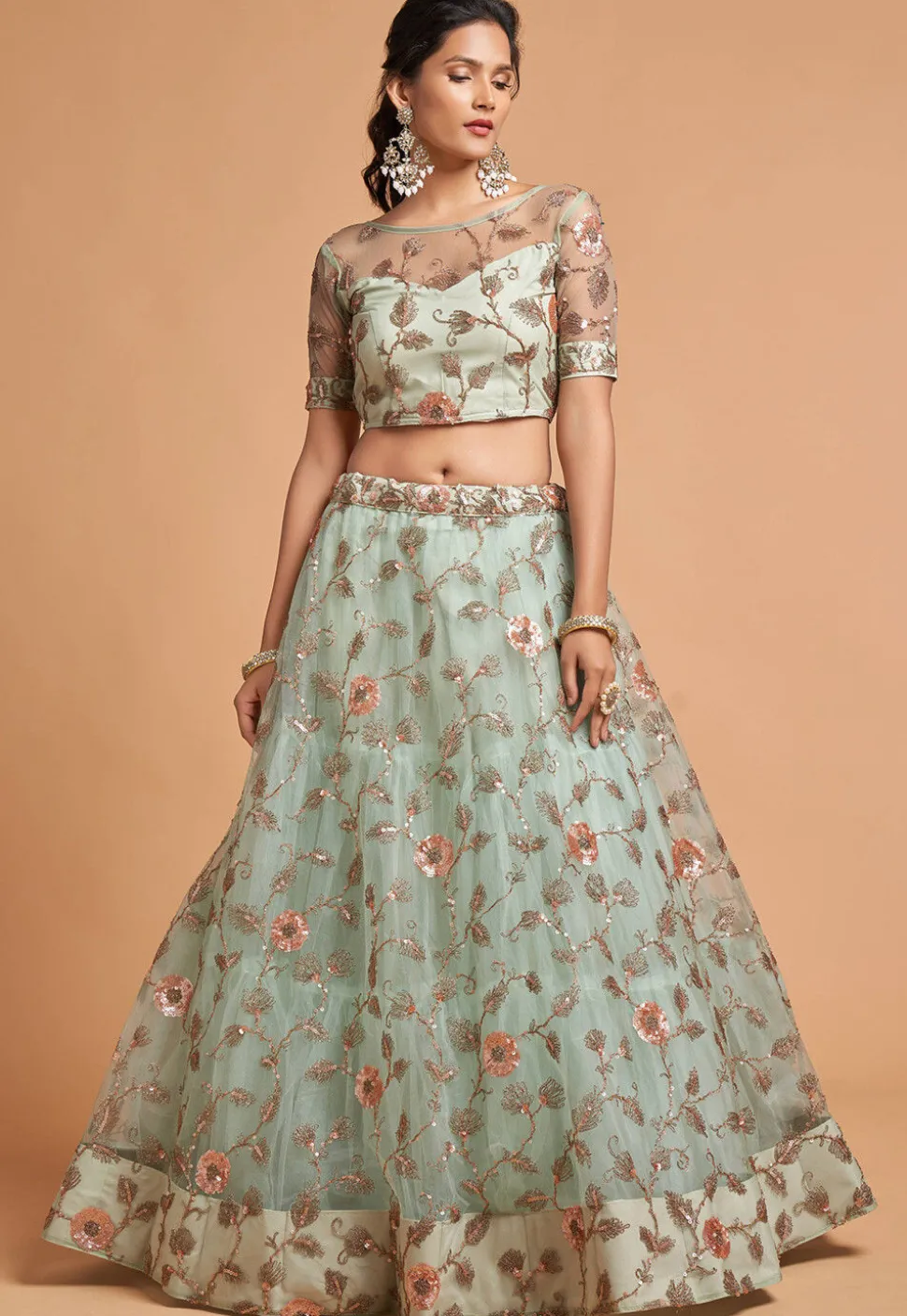 Embroidered Net Lehenga in Sea Green