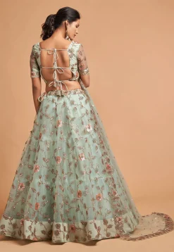 Embroidered Net Lehenga in Sea Green
